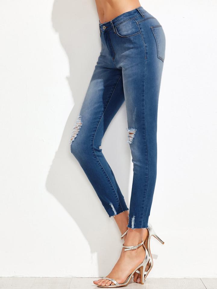 Shein Rips Detail Raw Hem Skinny Jeans