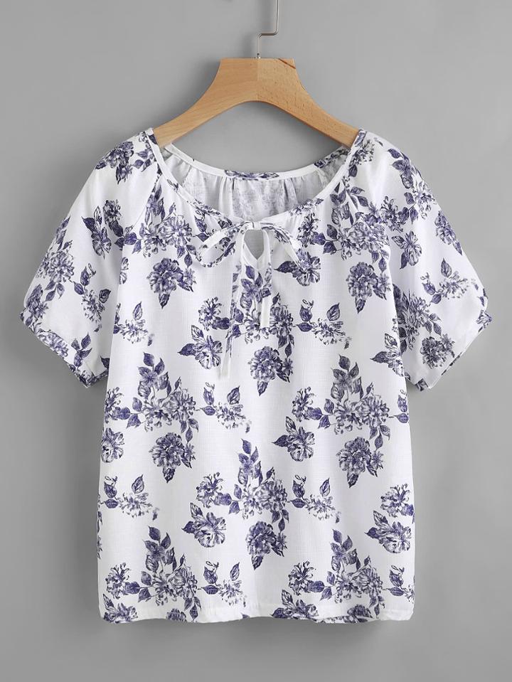 Shein Tie Neckline Floral Print Top