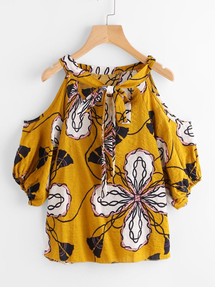 Shein Open Shoulder Tie Front Ditsy Print Blouse