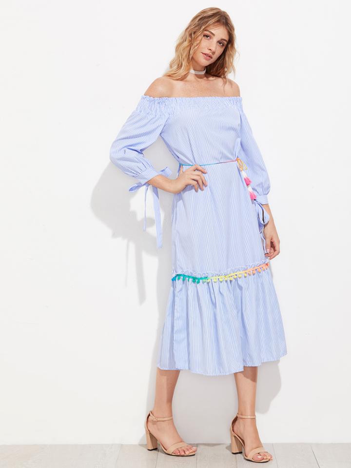 Shein Shirred Bardot Tassel Tie Pom Pom Frill Dress