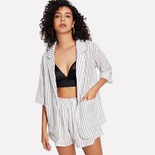 Shein Dual Pocket Striped Blazer With Shorts