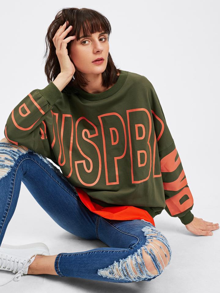 Shein Letter Print Contrast Hem Sweatshirt