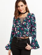 Shein Florals Deep V Neck Lace Up Bell Sleeve Blouse