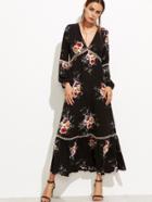 Shein Black Rose Print Dotted Crochet Trim Peasant Dress