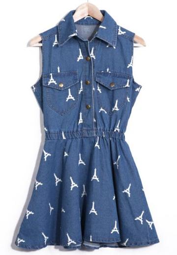 Shein Blue Sleeveless Eiffel Tower Pockets Denim Dress