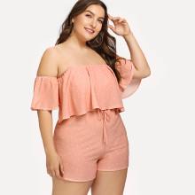 Shein Plus Dot Print Off-shoulder Drawstring Waist Jumpsuit