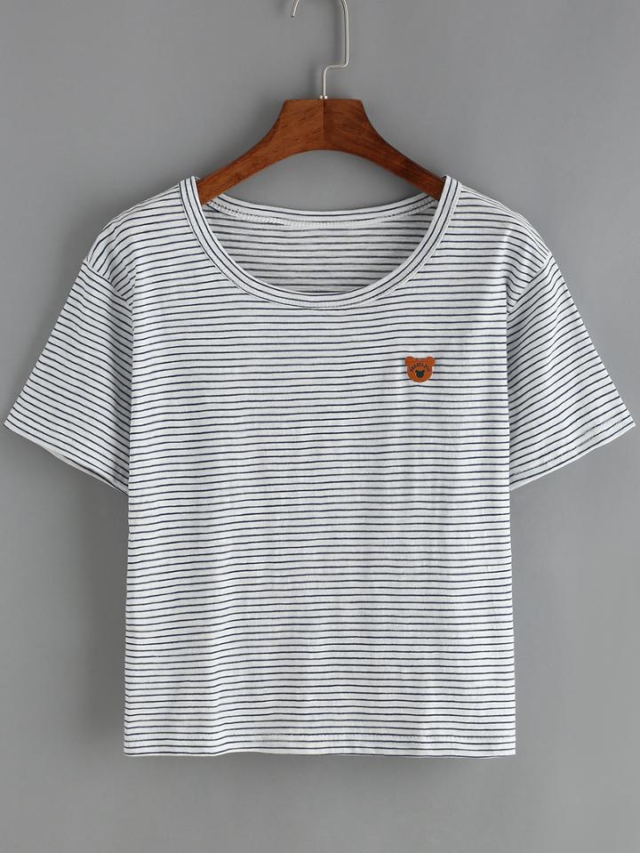 Shein Pinstriped Bear Patch T-shirt