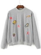 Shein Grey Hamburger Embroided Drop Shoulder Sweatshirt