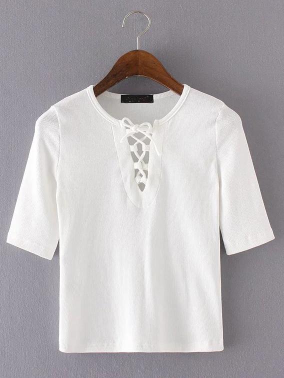 Shein White Lace Up Tight T-shirt