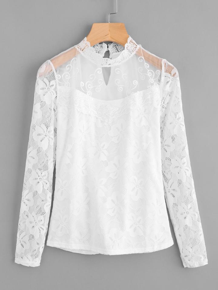 Shein Keyhole Embroidered Mesh Yoke Lace Top