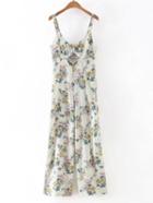Shein Beige V Neck Floral Cutout Siamese Trousers
