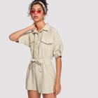 Shein Rolled Sleeve Dual Pocket Front Belted Jumpsuit