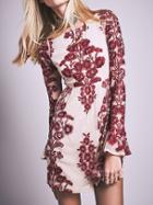 Shein Burgundy White Bell Sleeve Embroidered Dress