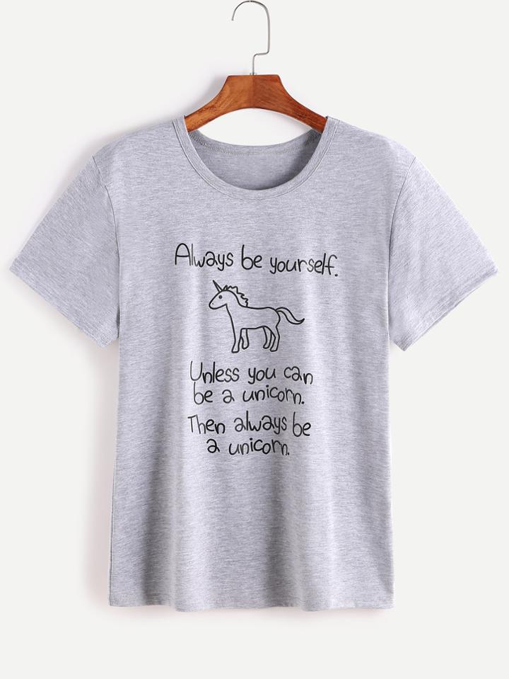 Shein Heather Grey Slogan Print Short Sleeve T-shirt