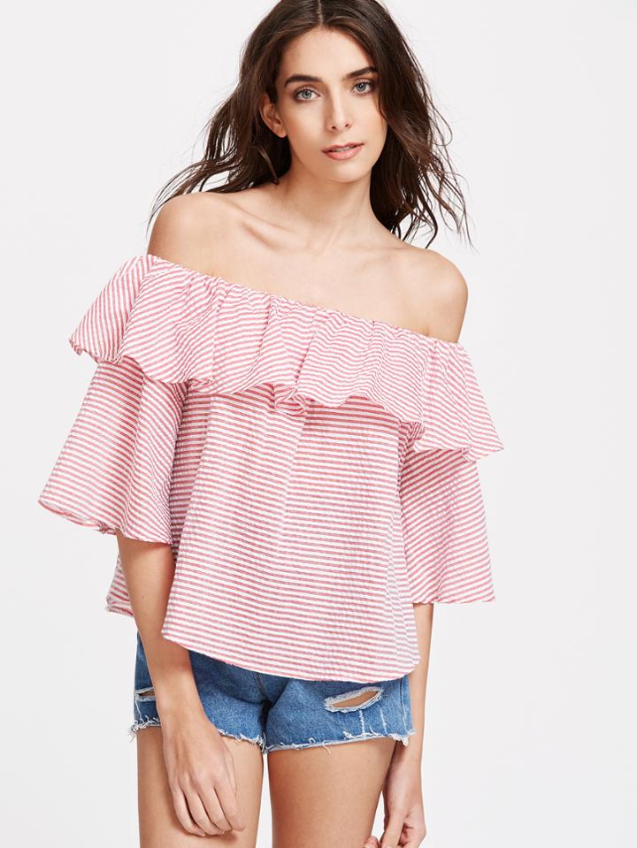 Shein Red Striped Off The Shoulder Ruffle Top