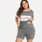 Shein Plus Letter Print Striped Top & Shorts Pj Set