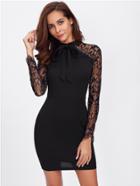 Shein Bow Tie Front Floral Lace Sleeve Dress