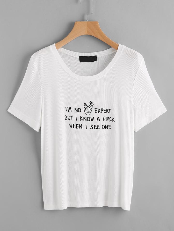 Shein Slogan Print Ribbed Knit Tee