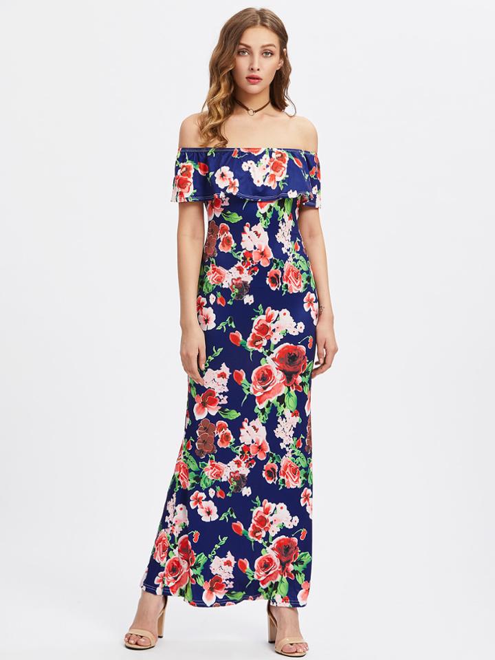 Shein Flounce Layered Random Florals Bardot Dress