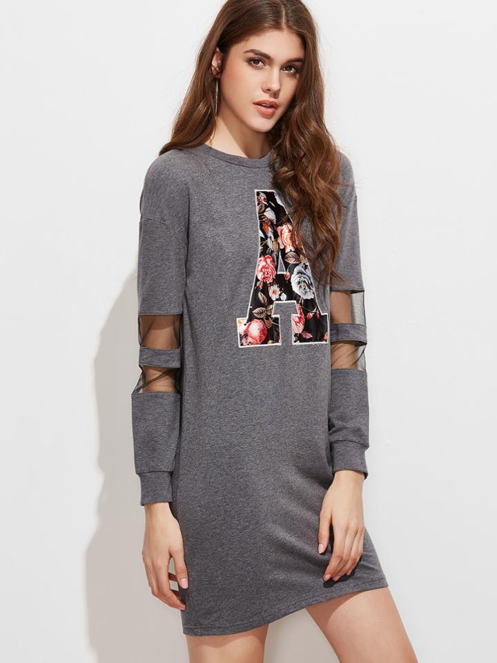 Shein Heather Grey Floral Letter Print Striped Mesh Sleeve Sweatshirt Dress