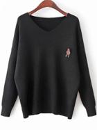 Shein Black V Neck Drop Shoulder Loose Sweater With Brooch
