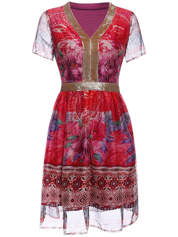 Shein Multicolor V Neck Sheer Sequined Print Dress