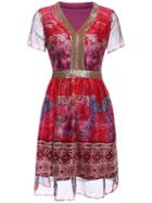 Shein Multicolor V Neck Sheer Sequined Print Dress