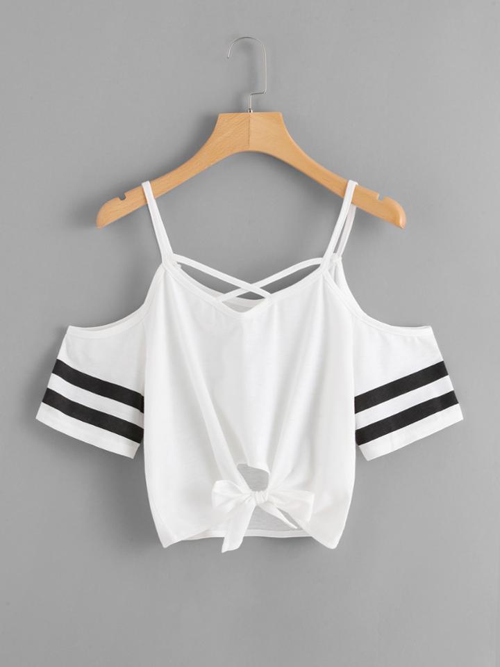 Shein Strappy Stripe Sleeve Knotted Tee