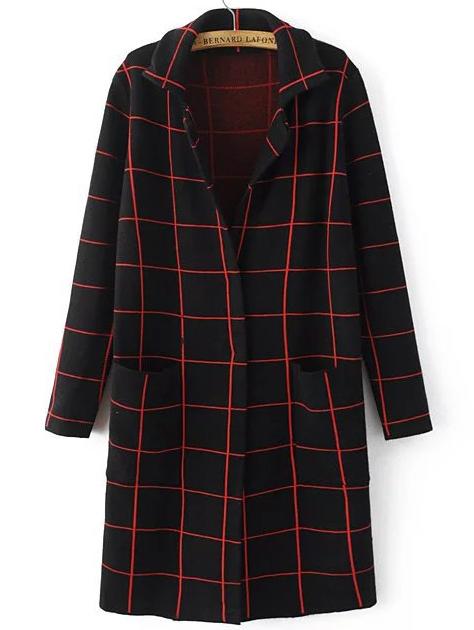 Shein Black Grid Notch Lapel Hidden Placket Sweater Coat