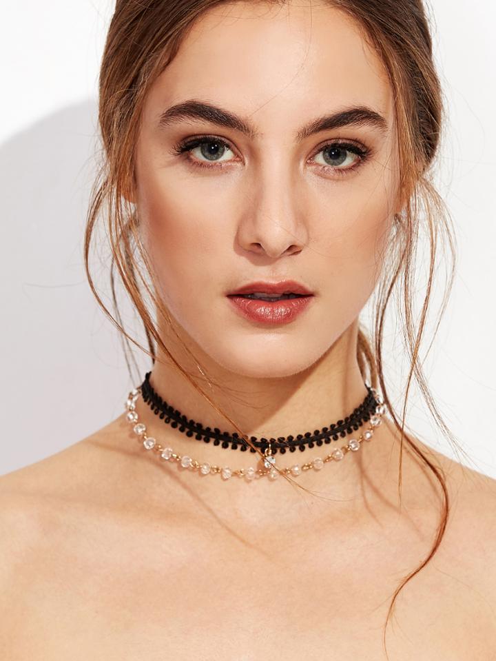 Shein Black Layered Rhinestone Lace Choker Necklace