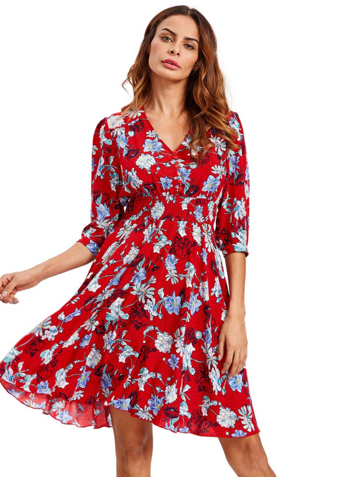 Shein Buttoned Front Shirred Waist Smock Dress