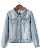 Shein Blue Lapel Embroidery Back Button Jacket