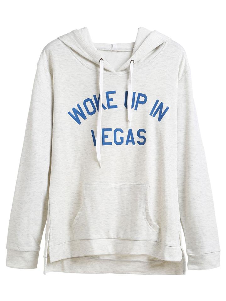 Shein Grey Slogan Print Slit Side High Low Hooded Sweatshirt