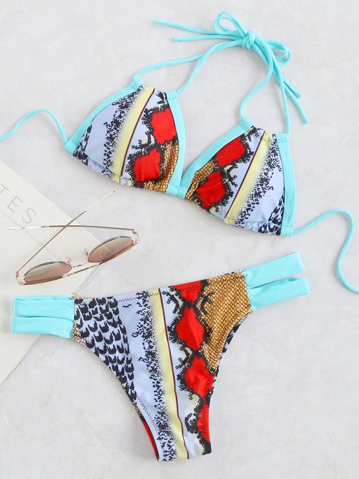 Shein Snake Print Cutwork Halter Bikini Set