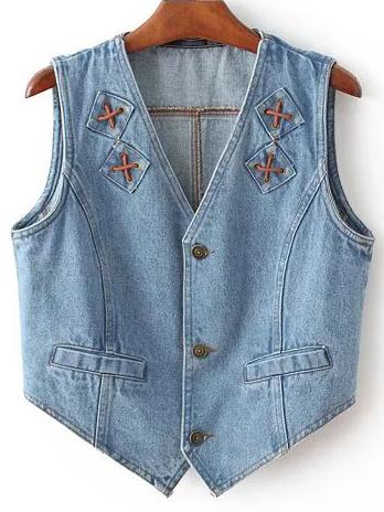 Shein Blue Button Bow Back Denim Crop Vest