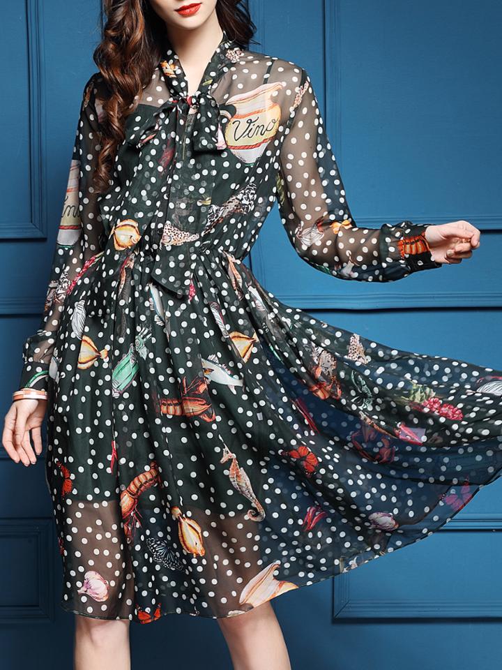 Shein Black Tie Neck Polka Dot Sheer Dress