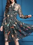 Shein Black Tie Neck Polka Dot Sheer Dress
