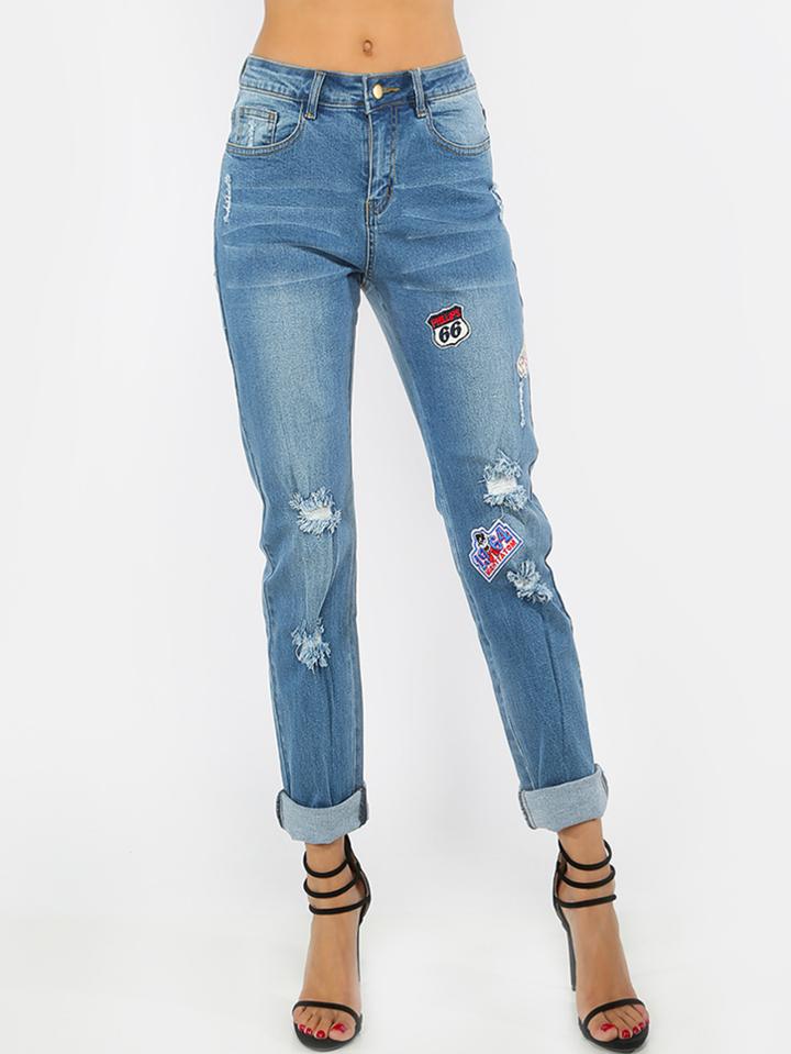 Shein Blue Ripped With Badge Long Denim Pants