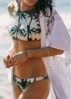 Rosewe Cross Back Coconut Tree Printed Two Piece Swimwear