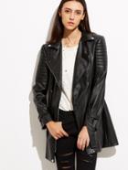 Shein Black Faux Leather Belted Asymmetric Zip Biker Coat