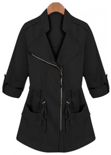 Rosewe Glamorous Black Three Quarter Sleeve Coat With Zipper