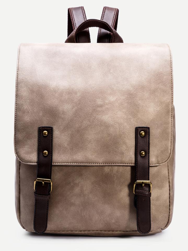 Shein Apricot Pu Double Buckle Strap Flap Backpack