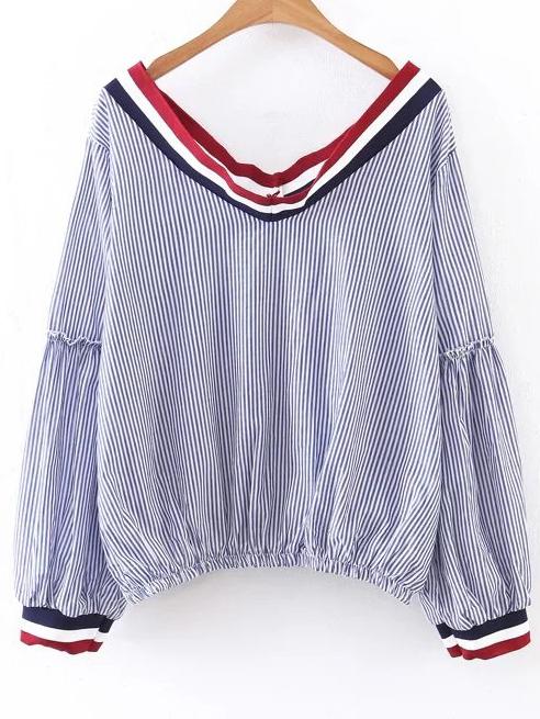 Shein Blue Vertical Striped Double V Neck Lantern Sleeve Blouse