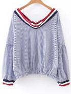 Shein Blue Vertical Striped Double V Neck Lantern Sleeve Blouse