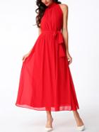 Shein Ruffled Mock Neck Self-tie Chiffon Dress
