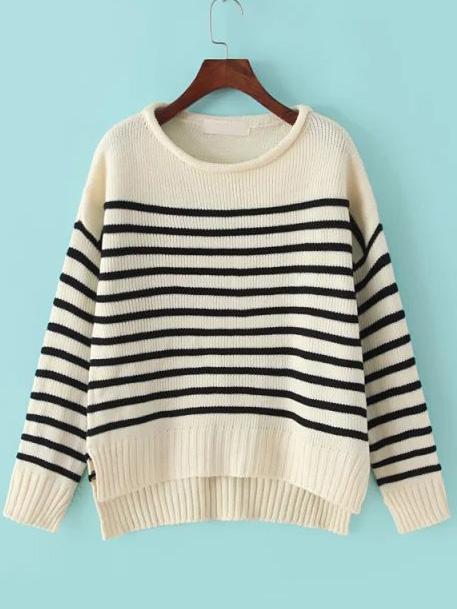 Shein Black Beige Round Neck Striped Knit Sweater