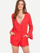 Shein Red V Neck Long Sleeve Pockets Jumpsuit