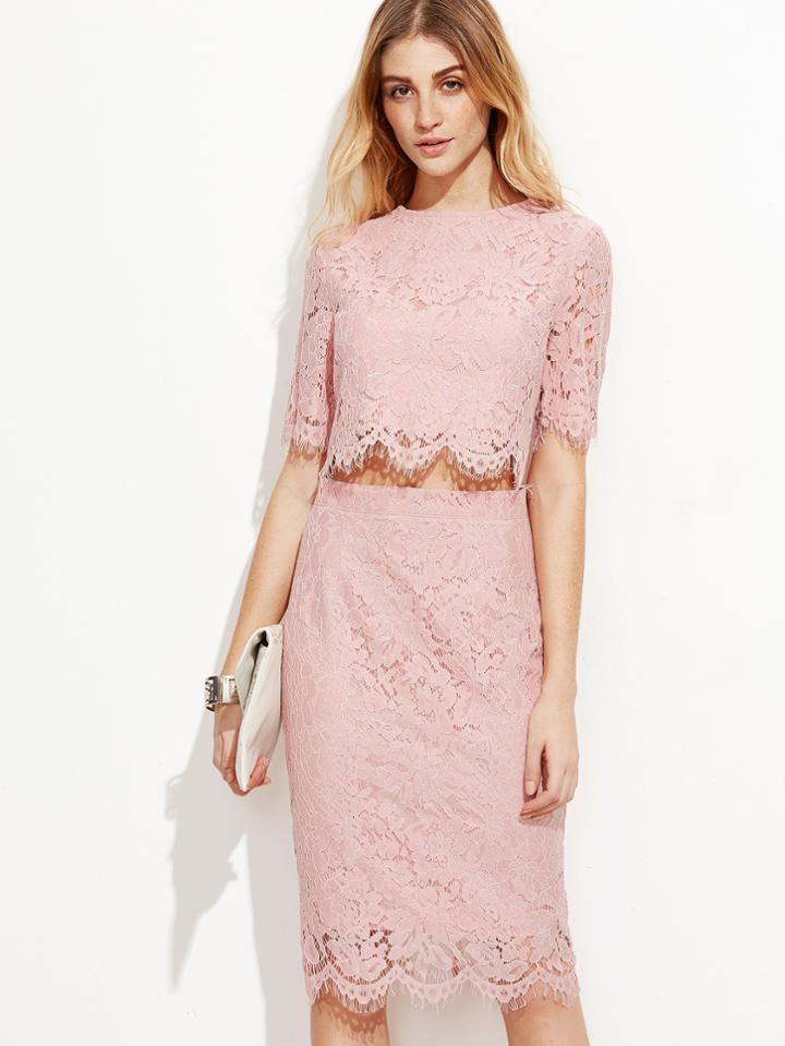 Shein Pink Open Midriff Floral Lace Dress