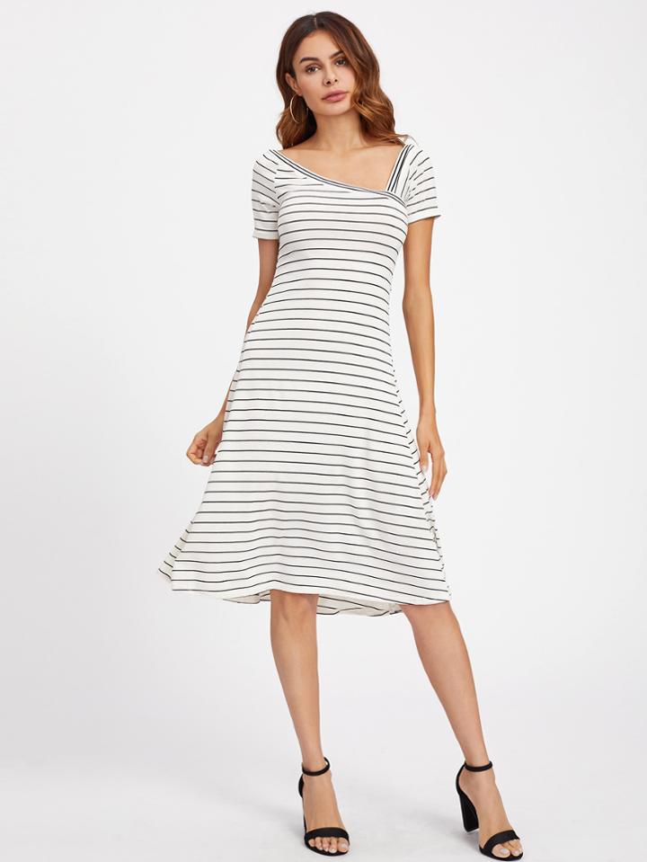 Shein Irregular Neckline Horizon Striped Dress