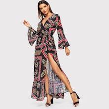 Shein Self Tie Floral Print Flounce Sleeve Dress
